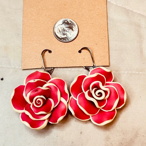 Rose & Bead Large Dangle Earrings Vintage Polymer Clay - Picture 11 of 13